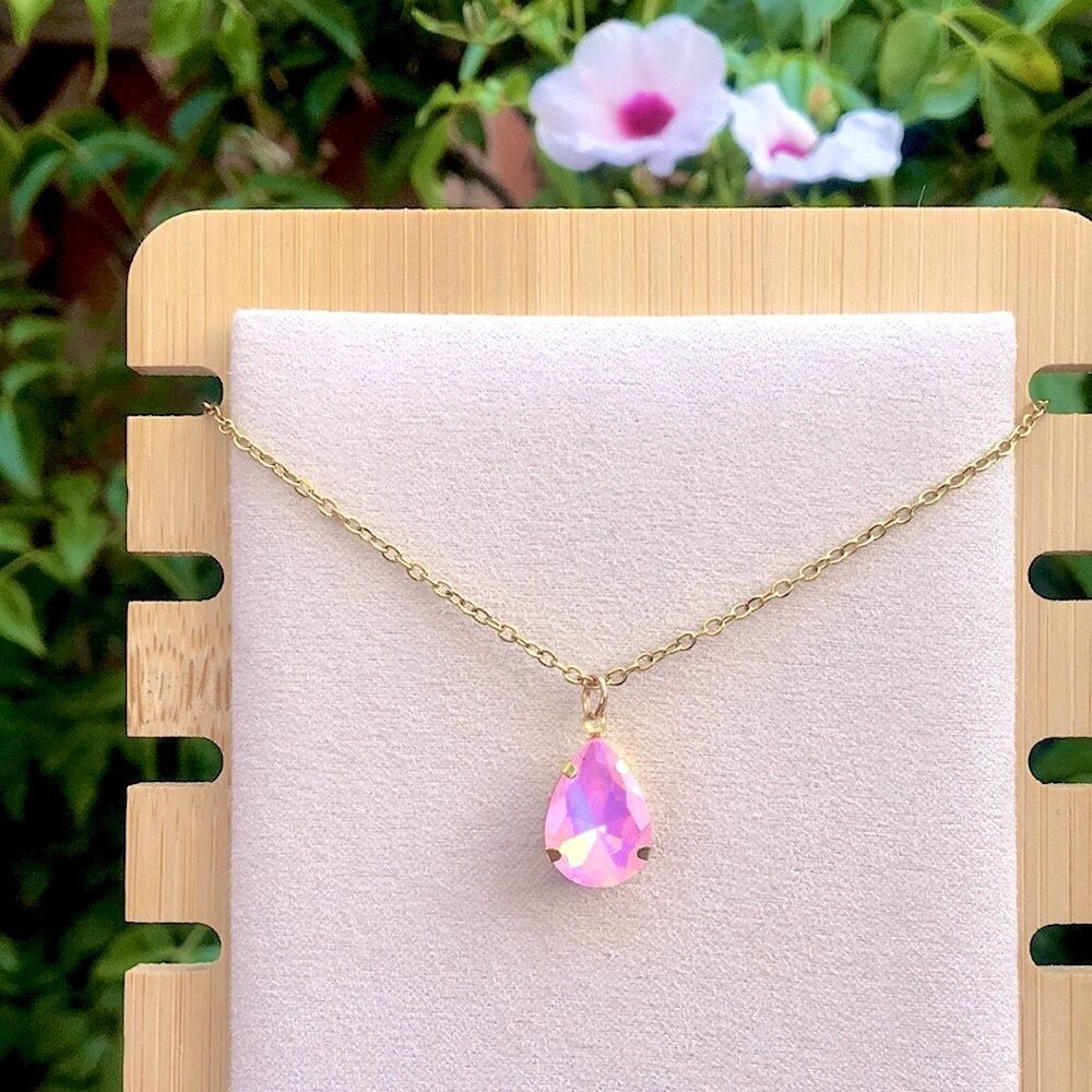 Pink Opal Aurora Borealis Pear Teardrop Crystal Pendant Necklace - Picture 6 of 14